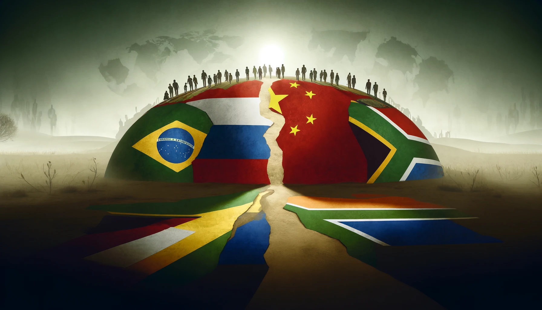 DALL·E 2024 05 18 17.01.19 A symbolic landscape oriented image capturing the theme of potential discord within BRICS due to new members. The image features the flags of the BRI