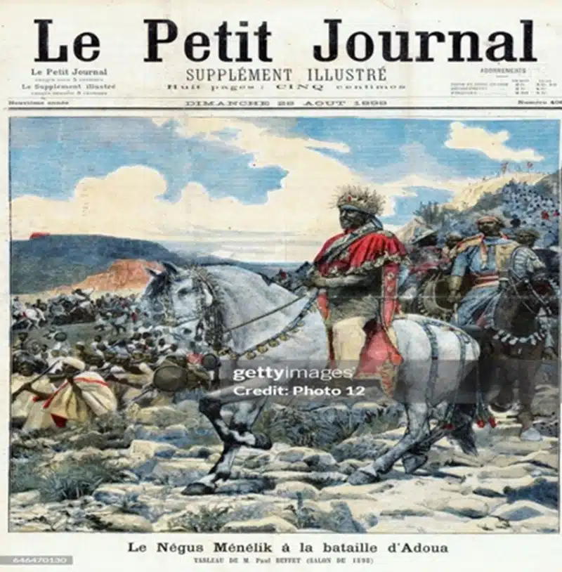 Menelik II, King of Ethiopia from 1889. "Le Petit Journal", Paris, 10 November 1898 Menelik at the Battle of Adwa (Adua) 1 March 1896. Ethiopia defeated Italy First Italo-Ethiopian War. (Photo by: Photo12/Universal Images Group via Getty Images)